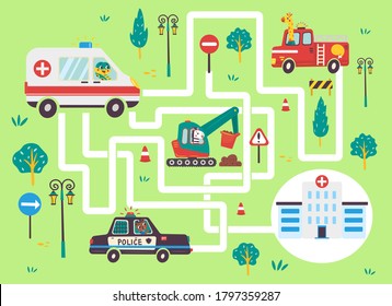 Help the ambulance find the right path to the hospital. Color maze or labyrinth game for preschool children. Puzzle. Tangled road. Transport for kids