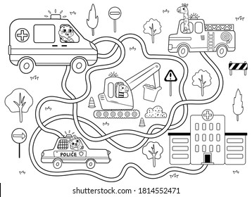 Help the ambulance find the right path to the hospital. Maze or labyrinth game for preschool children black and white for coloring. Puzzle. Tangled road. Transport for kids