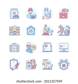 Help for animals - colorful line design style icon set. Images dedicated to pet care, veterinarian services. Food provision, cat and dog supplies, vet clinic, support, donation, shelter, assistance