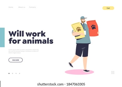 Help animals landing page with man donating bags of pet food to animal shelter. Volunteering, social help and support concept. Cartoon flat vector illustration
