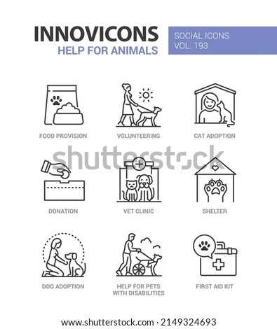 Help for animals and pets - line design style icons set with editable stroke. Food provision, volunteering, cat adoption, donation to vet clinic, dog shelter, first aid kit, furry health care idea