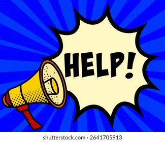 Help announcement speech bubble. Megaphone, speech burst, comic style, bright background, communication element, expression tool, voice projection, information sharing, pop art design.