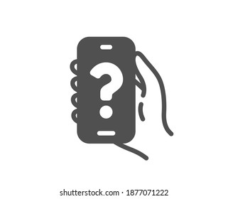 Help app icon. Hand hold phone sign. Cellphone with screen notification symbol. Quality design element. Flat style help app icon. Editable stroke. Vector
