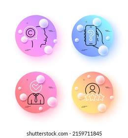 Help app, Vacancy and Writer minimal line icons. 3d spheres or balls buttons. Human rating icons. For web, application, printing. Smartphone question, Businessman concept, Copyrighter. Vector