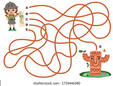 Help archaeologist girl to rich the totem. Vector illustration maze game.