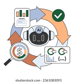 Help of Artificial intelligence for business. AI-powered production, management and marketing. Self-learning computing system processing big data. Flat vector illustration