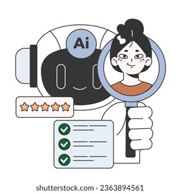 Ayuda de inteligencia artificial para negocios. Producción, gestión y comercialización impulsadas por IA. Sistema de computación de autoaprendizaje procesando grandes datos. Ilustración vectorial plana