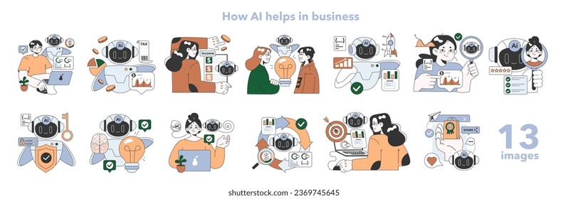 Ayuda de inteligencia artificial para negocios. Producción, gestión y comercialización impulsadas por IA. Sistema de computación de autoaprendizaje procesando grandes datos. Ilustración vectorial plana