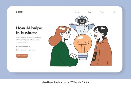 Help of Artificial intelligence for business web banner or landing page. AI-powered production, management and marketing. Self-learning computing system processing big data. Flat vector illustration