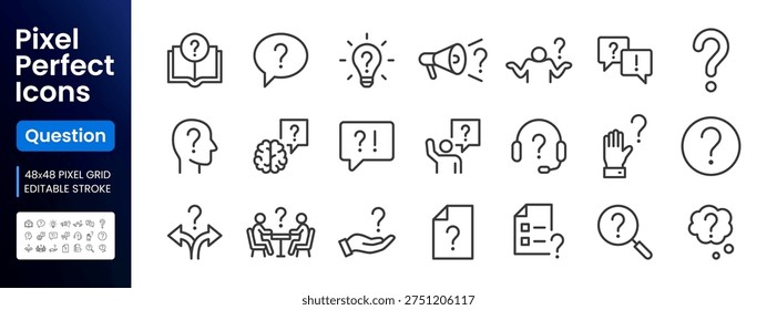 Help, ask question line icon set. FAQ, support, secret info, problem solution, brain, idea, message minimal vector illustrations. Simple outline signs for answer. 48x48 Pixel Perfect. Editable Stroke