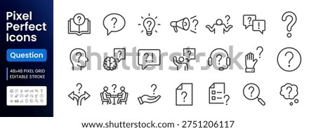 Help, ask question line icon set. FAQ, support, secret info, problem solution, brain, idea, message minimal vector illustrations. Simple outline signs for answer. 48x48 Pixel Perfect. Editable Stroke