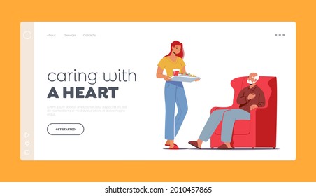 Help and Assistance to Aged People Landing Page Template. Caregiver Female Character Bringing Food to Old Man. Caregiving, Help to Seniors at Pandemic Isolation, Support. Cartoon Vector Illustration