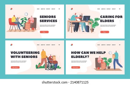 Help or Assistance to Aged Persons Landing Page Template Set. Caregiver Characters Care of Elderly People Bring Food, Walk, Teach Use Pc Caregiving, Social Help to Seniors. Cartoon Vector Illustration