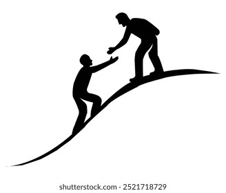 Help and assistance concept. Silhouettes of two people climbing on mountain and helping vector illustration	
