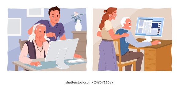 Help and assistance, support from young people to grandparents in using computer set. Grandpa and grandma sitting at home desk to work on PC, study or chat on social media cartoon vector illustration