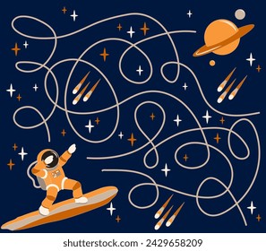 Help the astronaut find the right way to land on the planet. Maze game. Educational games for children. Vector illustration.