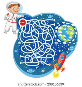 Help the astronaut reach the spaceship and go to the planet earth. Maze Game with Solution. Funny cartoon character. Vector illustration. Isolated on white background