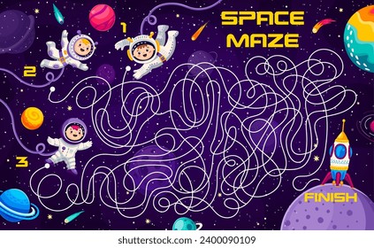 Help to astronauts find spaceship in labyrinth maze, vector quiz game for kids. Help kid spaceman find way to space rocket on galaxy planet with tangled path on cartoon labyrinth maze worksheet