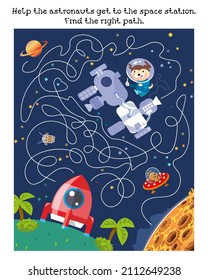 Help astronauts get to space station. Find right way. Maze game, activity for kids. Vector illustration.