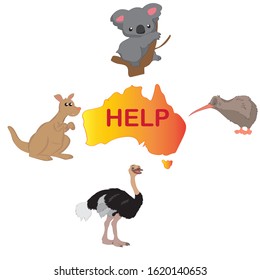 Help Australia. Koala, ostrich, kiwi bird and kangaroo. In the middle is a map of Australia with the words "Help." Vector picture.