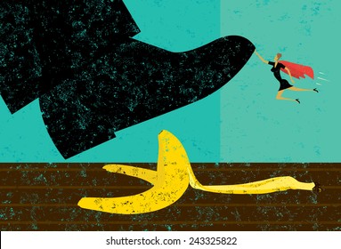 Help Avoiding Mistakes A miniature, super businesswoman saves someone from slipping on a banana peel. The shoe, woman, and banana peel are on a separately labeled layer from the background.