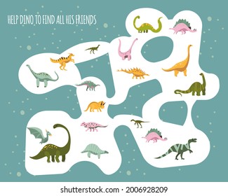 Help baby dinosaur to find all his friends.Childish mini board game for development.Dino Maze. Entertainment play.Educational mission.Paleontology.Cute Jurassic reptiles in hand drawn style.
