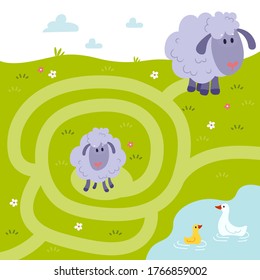Help baby lamb to find his mother sheep. Farm animal educational maze game. Labyrinth page for children's magazine, leisure activity task. Activity for preschool years kids and toddlers.
