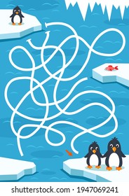 Help the baby penguin find his parents. Ice floes. Red fish. Antarctica.  Labyrinth. Maze game for children. Vector illustration.