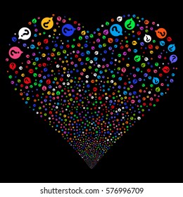 Help Balloon fireworks with heart shape. Vector illustration style is flat bright multicolored iconic symbols on a black background. Object love heart combined from scattered pictographs.