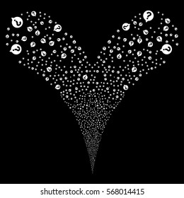 Help Balloon fireworks stream. Vector illustration style is flat white iconic symbols on a black background. Object double fountain constructed from random pictographs.