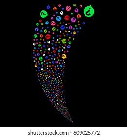 Help Balloon random fireworks stream. Vector illustration style is flat bright multicolored iconic symbols on a black background. Object fountain combined from scattered pictographs.