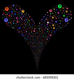 Help Balloon salute stream. Vector illustration style is flat bright multicolored iconic help balloon symbols on a black background. Object fountain done from random pictographs.