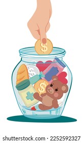 Help Bank. Collection of humanitarian aid for the victims. Charity Event. Share kindness and mercy. Vector illustration