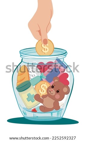 Help Bank. Collection of humanitarian aid for the victims. Charity Event. Share kindness and mercy. Vector illustration