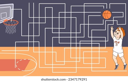 Help the basketball player to score. Maze game. Cartoon vector illustration for children's activity book.