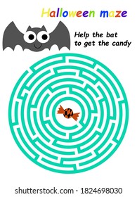Help the bat to get the candy halloween maze game stock vector illustration. Funny halloween activity page for kids with big circle labyrinth. Simple educational cartoon puzzle vertical printable page