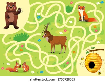 Help the bear find the way to the hive with honey. Color cartoon maze or labyrinth game for preschool children. Puzzle. Tangled road. Forest animals for kids.