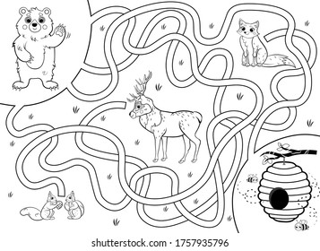 Help the bear find the way to the hive with honey. Cartoon maze or labyrinth game for preschool children. Puzzle. Tangled road. Forest animals for kids. Black and white for coloring.