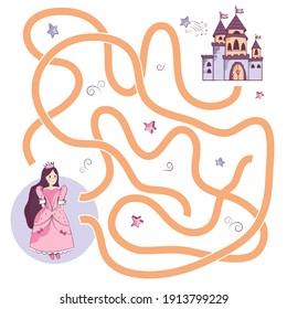 
Help the beautiful princess find the right path to the castle. Maze, logic game for little girls, vector illustration in flat style