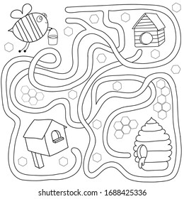 Ayuda a la abeja a encontrar una colmena. Laberinto. Juego de mazmorras para los niños. Ilustración vectorial en blanco y negro para el libro de colores