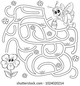 Help bee find path to flower. Labyrinth. Maze game for kids. Black and white vector illustration for coloring book