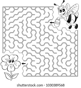 Help bee find path to flower. Labyrinth. Maze game for kids. Black and white vector illustration for coloring book