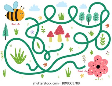 Help the bee find path to the flower. Choose the correct way maze puzzle for kids. Funny labyrinth game. Vector illustration