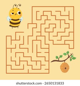 Help bee find right path. Maze game with cartoon thoughtful bee and hive on tree branch. Childish resting educational play, nowaday vector template