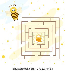 Help the bee find the way to the basket with honey. Maze game. Vector illustration for children's entertainment, activity books.