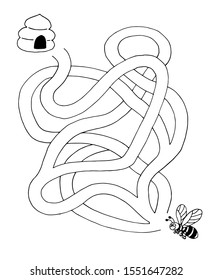 Help the bee find to way to the beehive. Funny labyrinth for kids. Landscape, easy.rebus, test, activity, logic quest for kids. Black and white coloring page