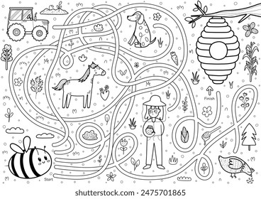 Help the bee to find a way to the beehive. Farm maze black and white activity page for kids. Mini game for school and preschool. Vector illustration