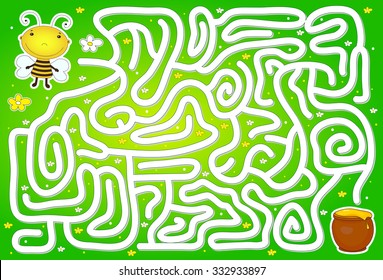 Help bee to find way to pot of honey in a flower maze. Educational game for children. Vector illustration