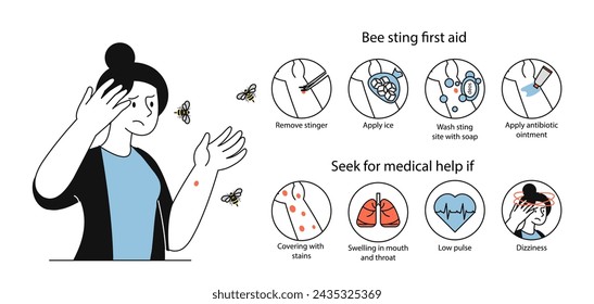 Help bee sting first aid linear. Educational materials and infographics. Remove stinger, aply ice. Low pulse, covering with stains. Simple flat vector illustration isolated on white background