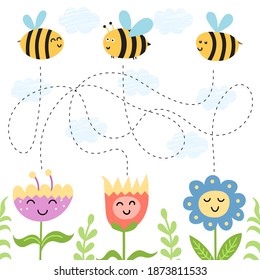 Help the bees find path to the flowers. Maze game for kids with cute characters. Labyrinth puzzle for school and preschool. Vector illustration